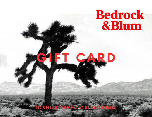 Joshua Tree desert landscape with gift card text and Bedrock & Blum logo in red.