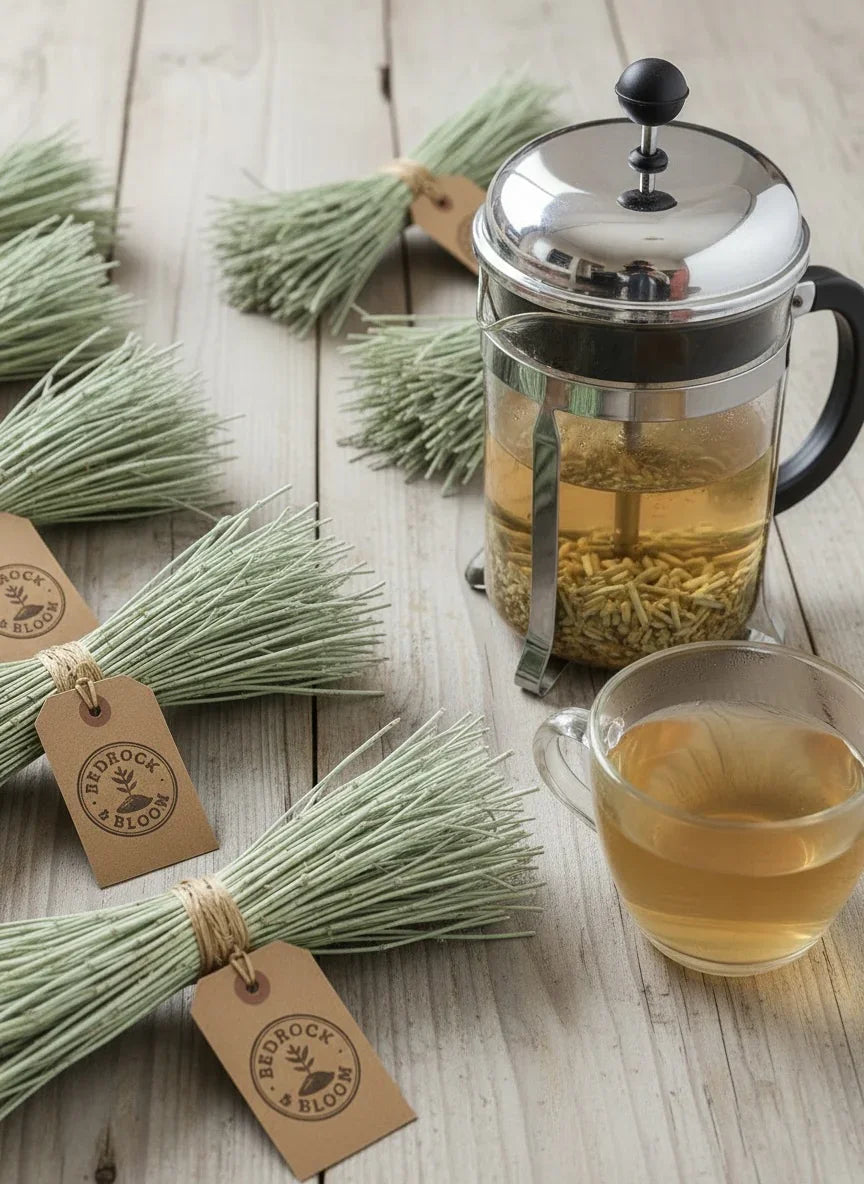 French press with herbal tea, glass cup, and bundles of dried herbs on rustic wood table