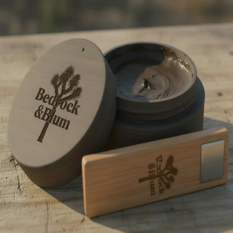 Joshua tree clay magnetic face mask in a round wooden jar with applicator on a wood surface