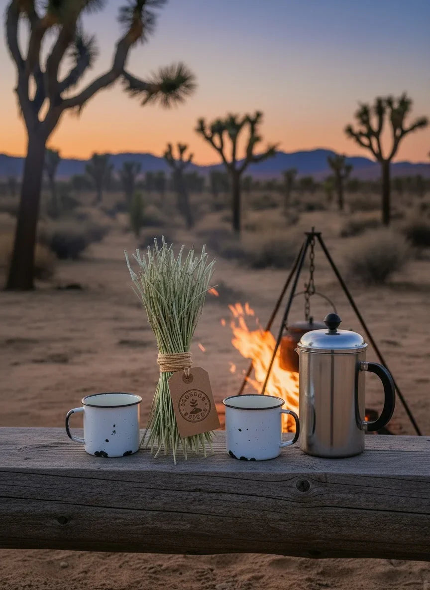 Campfire brewing setup with enamel mugs, bundle of Mormon tea, French press, and Joshua trees at sunset