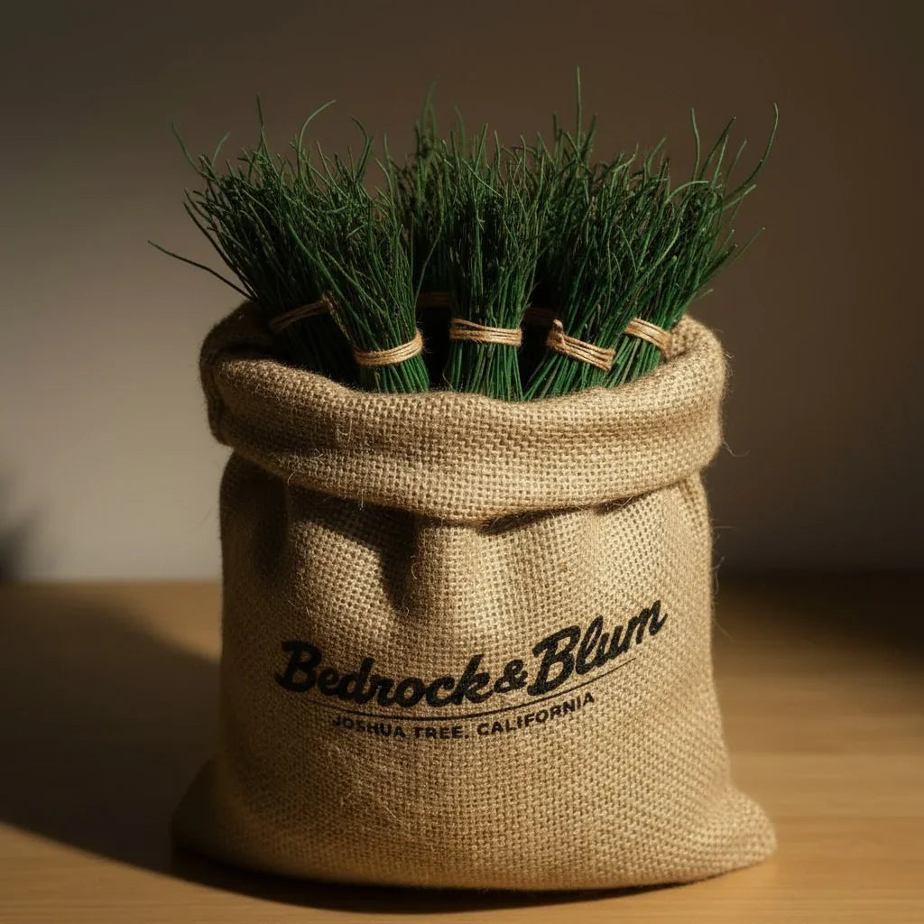 Wildcrafted Mormon tea bundles in a rustic burlap bag on wooden surface